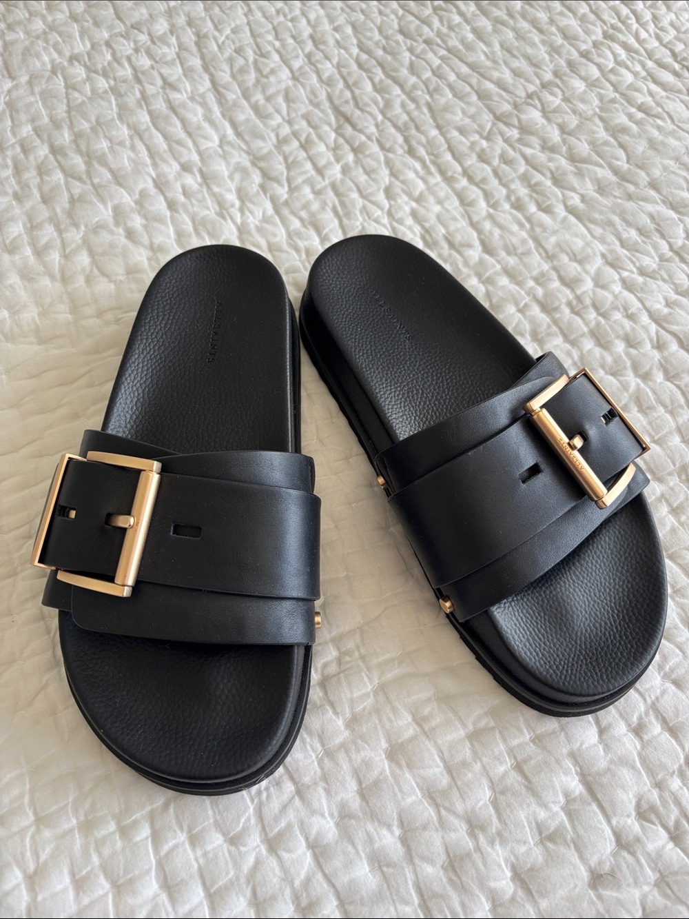 All Saints Ellie Stud Slider Black Leather with Matte Gold Hardware Women’s 10